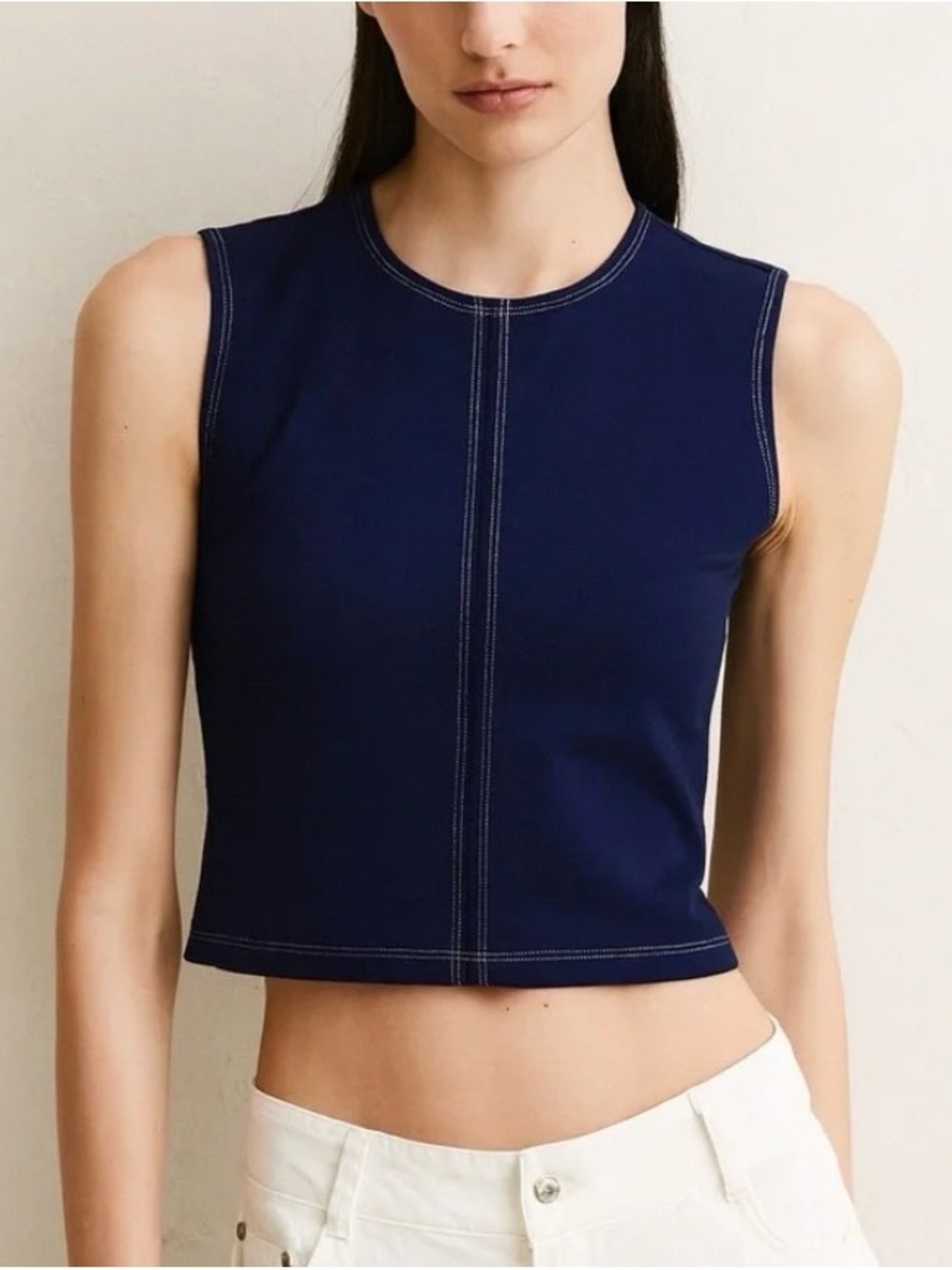 Classic Minimalist Sleeveless Navy Crop Tank Top Classic Stretch Nautical Preppy
